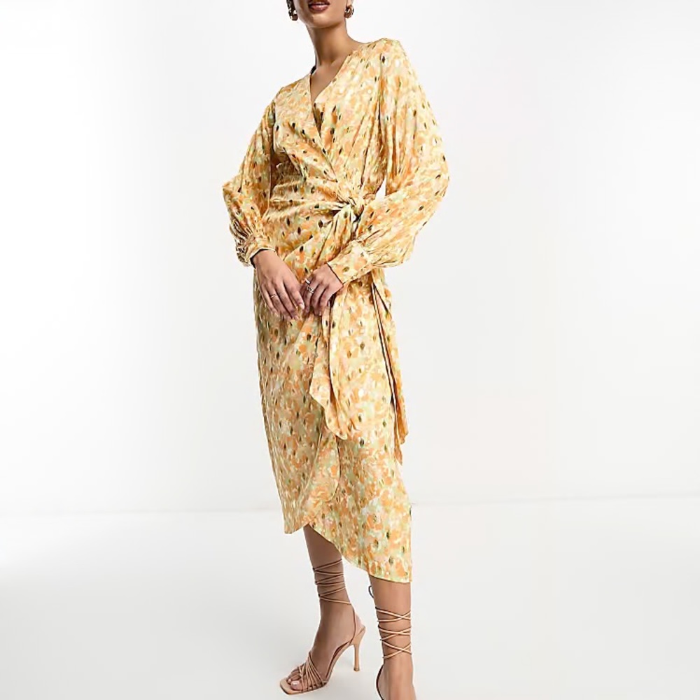 Never Fully Dressed Yellow Floral Wrap Midi Dress